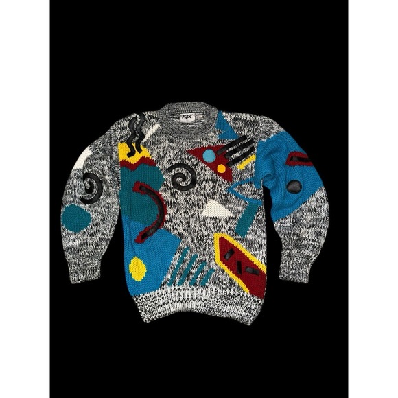 Vintage FAX Chunky 3D Knit Sweater Colorful Geometric Grandpacore Small - Picture 2 of 10